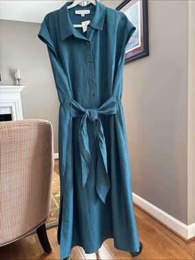 Emma & Michele Teal Button-Front Maxi Dress with Self-Tie Waist NWT